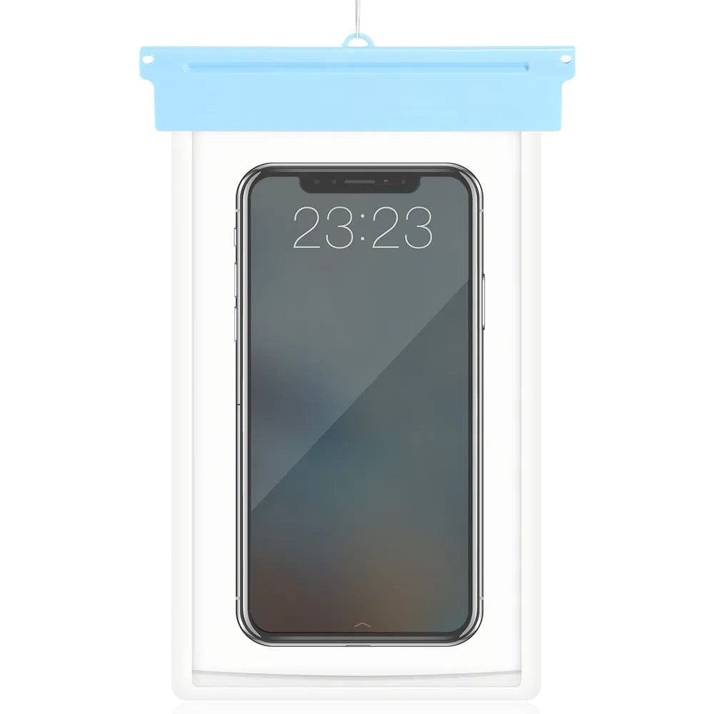 Blue IPX8 waterproof phone dry pouch with lanyard
