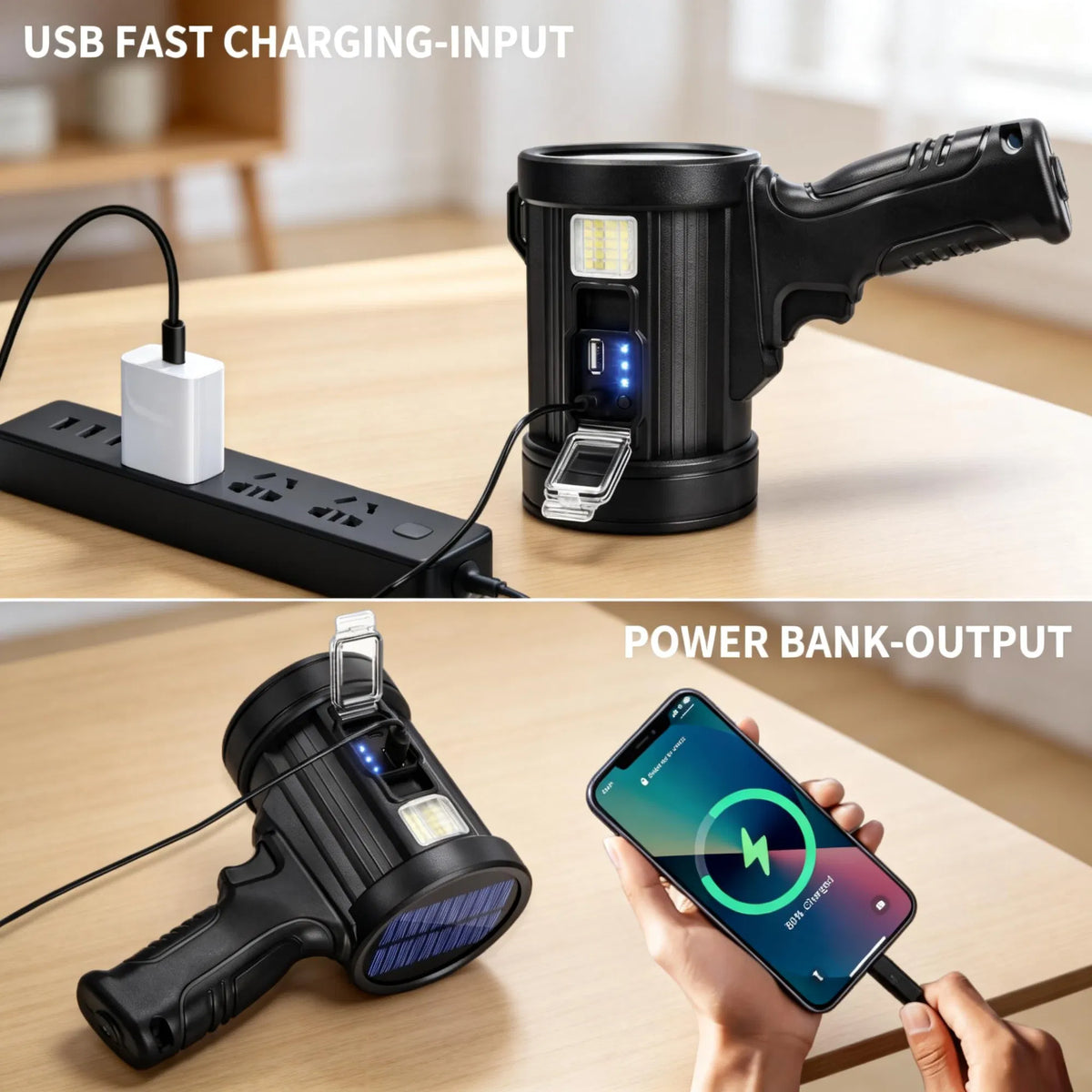 Rechargeable Handheld Spotlight with Solar Panel & COB Side Light - view 9