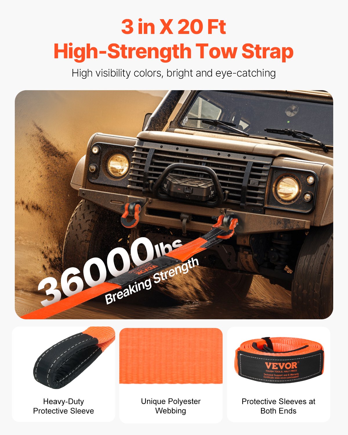 Heavy duty tow strap with D-ring shackles - view 2