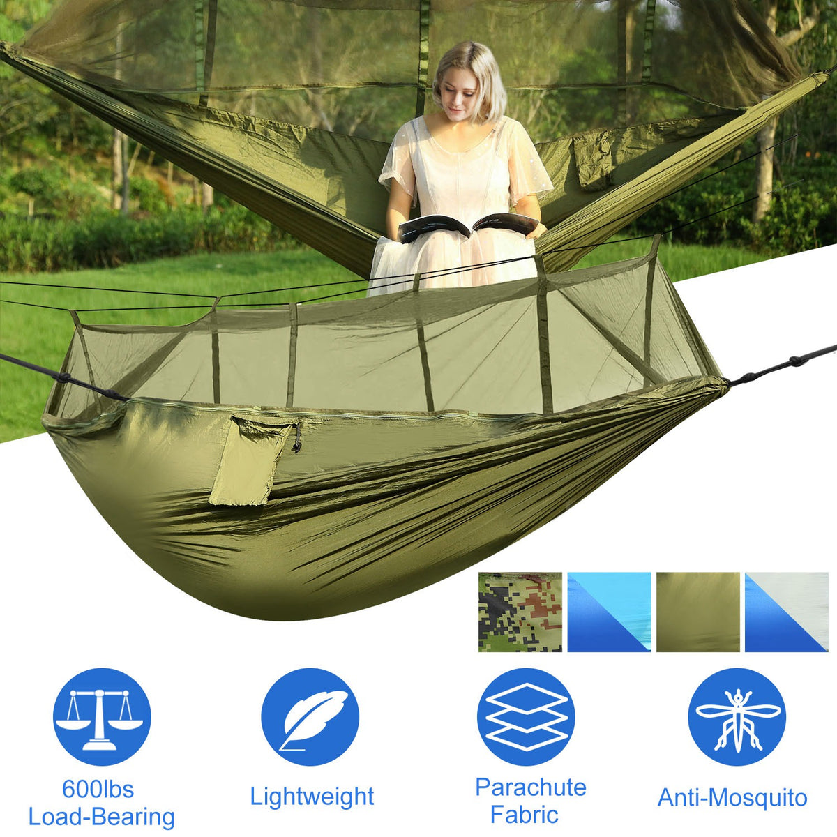 Double camping hammock with mosquito net