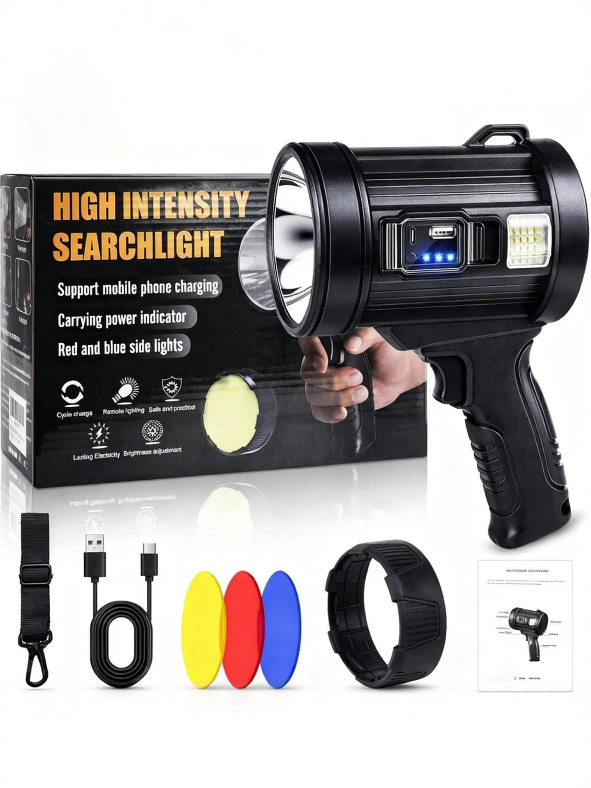Rechargeable Handheld Spotlight with Solar Panel & COB Side Light - view 6