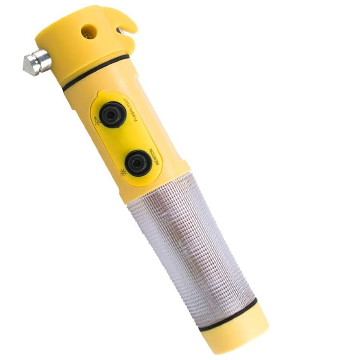 Yellow car safety hammer with flashlight and seatbelt cutter