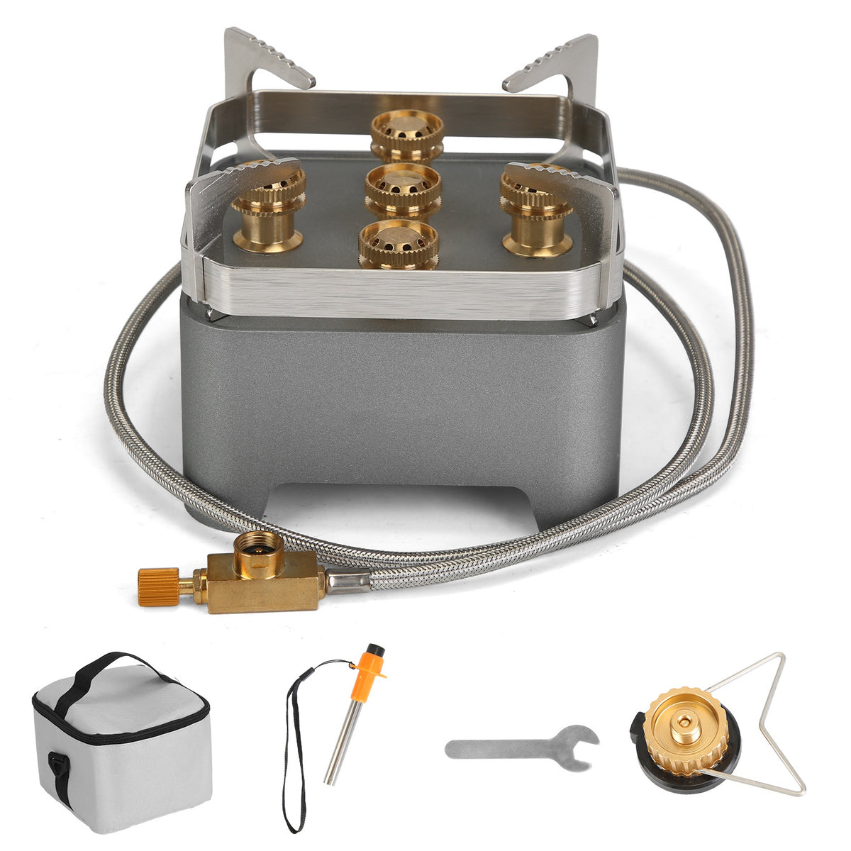 Gray portable backpacking stove with gas hose and carry bag