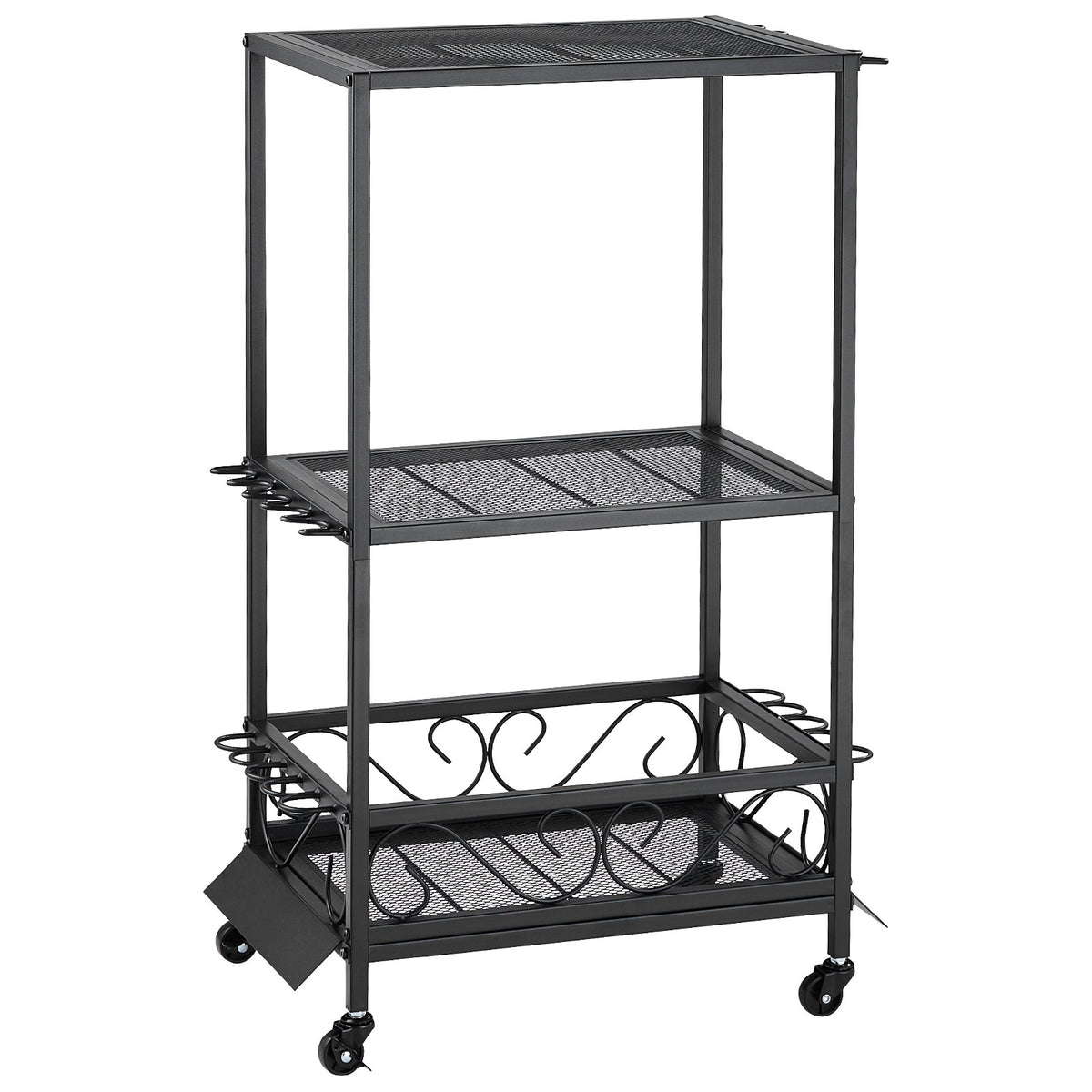 Rolling fishing rod rack cart in black holding 10 rods