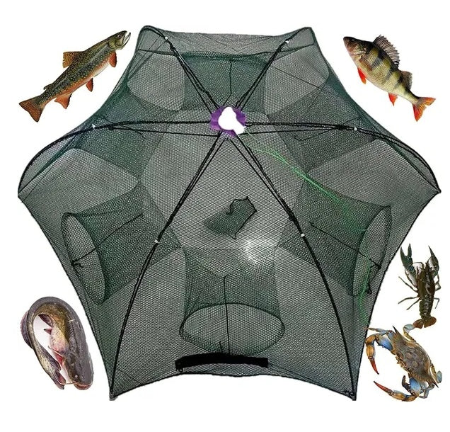 Collapsible 6-sided bait trap net, green, shown open