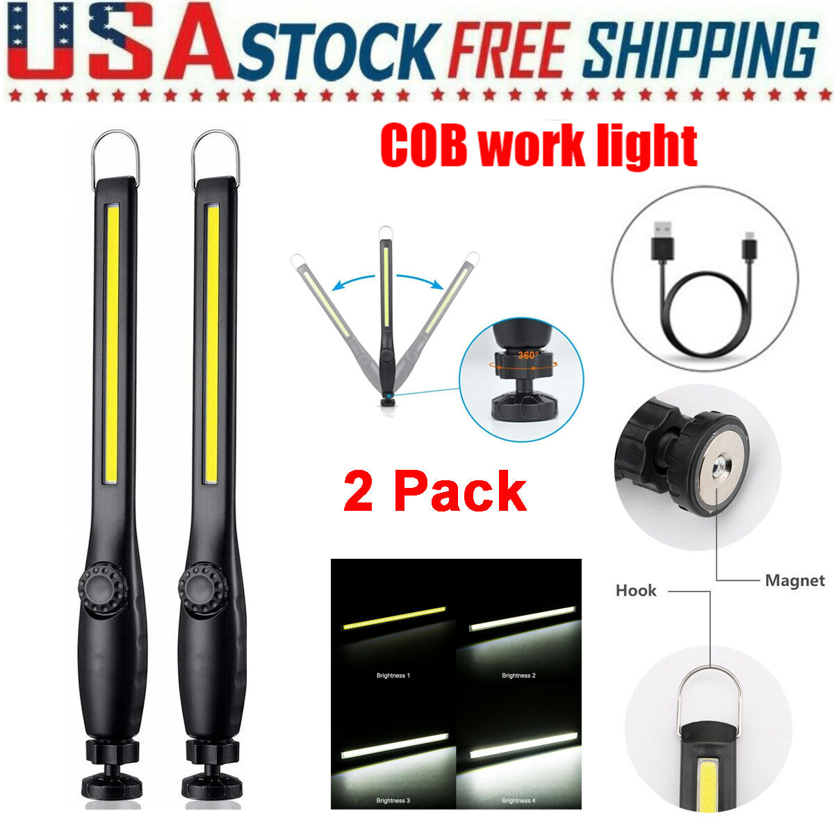 Rechargeable Magnetic COB LED Work Light 2-Pack