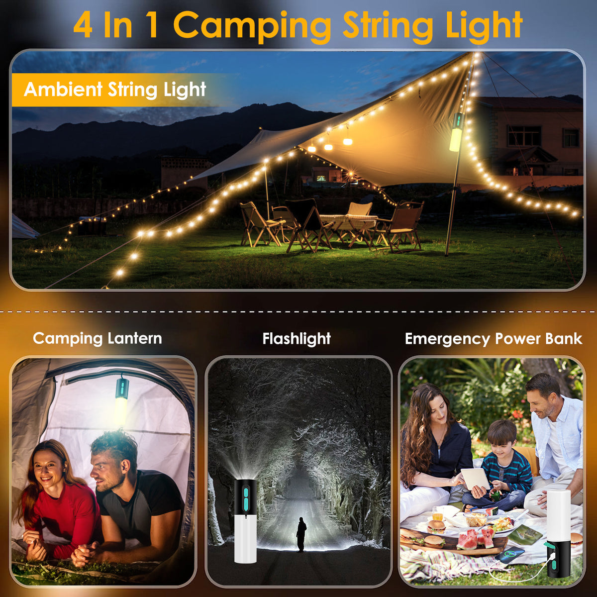 4-in-1 Rechargeable Camping Lantern with 33 ft String Light & Power Bank - view 6