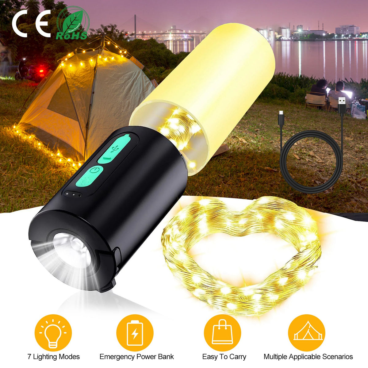 4-in-1 Rechargeable Camping Lantern with 33 ft String Light & Power Bank - view 1
