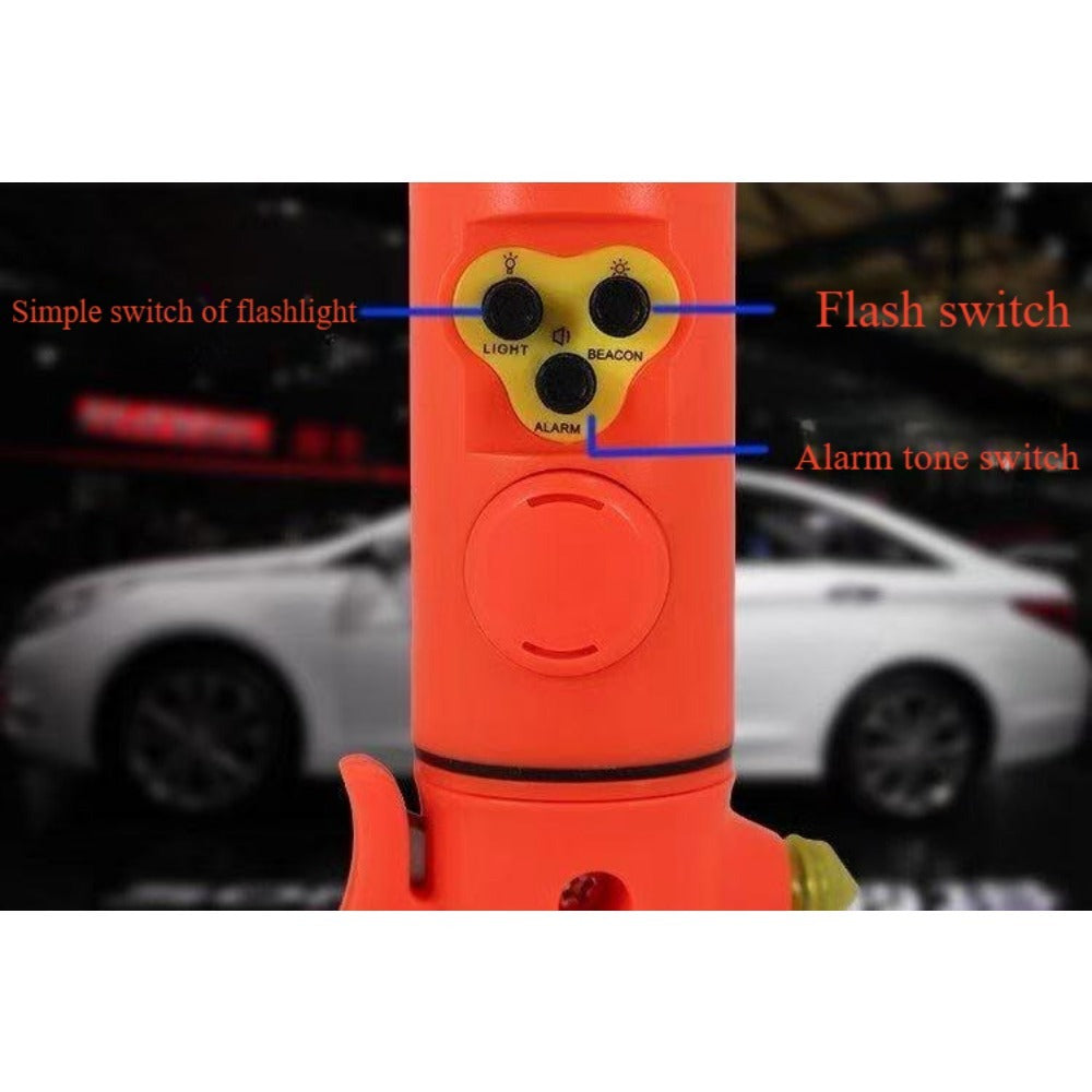 Red car safety hammer with flashlight and seatbelt cutter