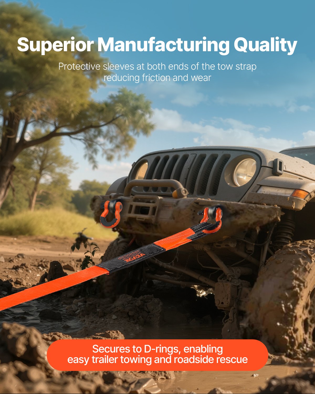 Heavy duty tow strap with D-ring shackles - view 5